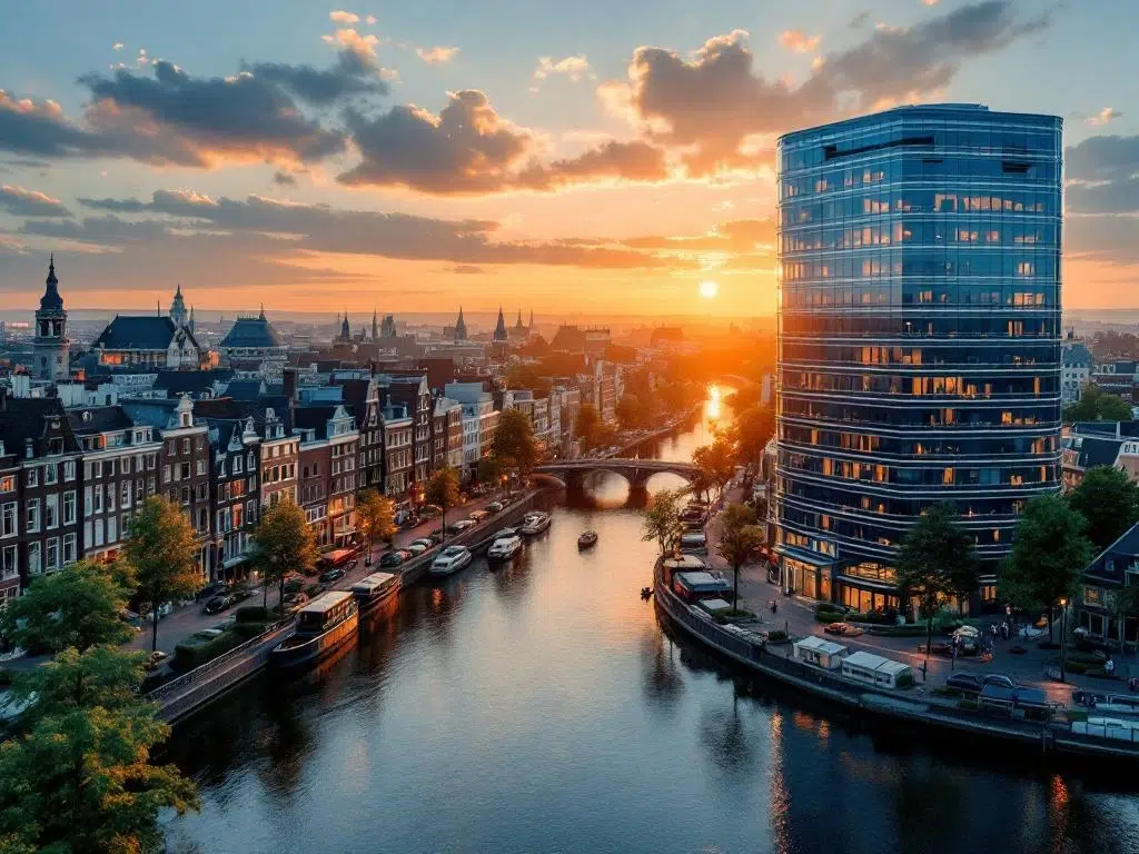 Luchtfoto van Amsterdamse grachtengordel met historische panden en modern glazen kantoorgebouw tijdens gouden uur