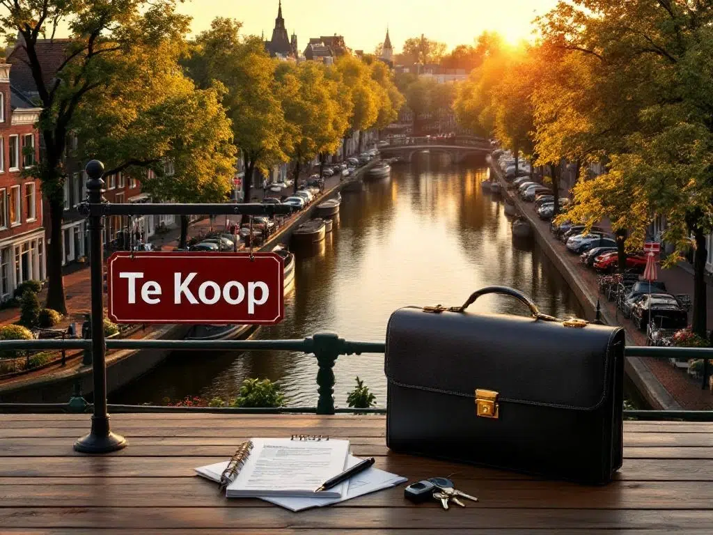 Luchtfoto van Amsterdamse grachten met 'Te Koop' bord op historisch grachtenpand tijdens gouden uur