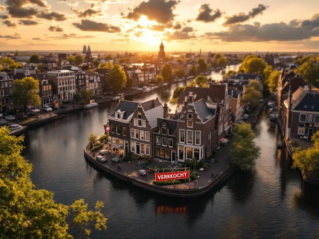 Luchtfoto van Amsterdamse grachten met traditionele huizen en prominente VERKOCHT-bord bij gouden uurtje