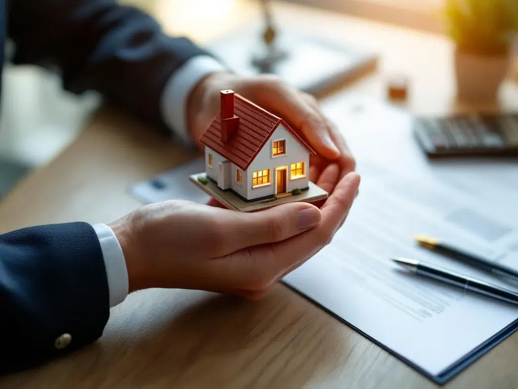 Professionele handen houden miniatuur huis vast op bureau met documenten, calculator en sleutels voor Amsterdam vastgoed