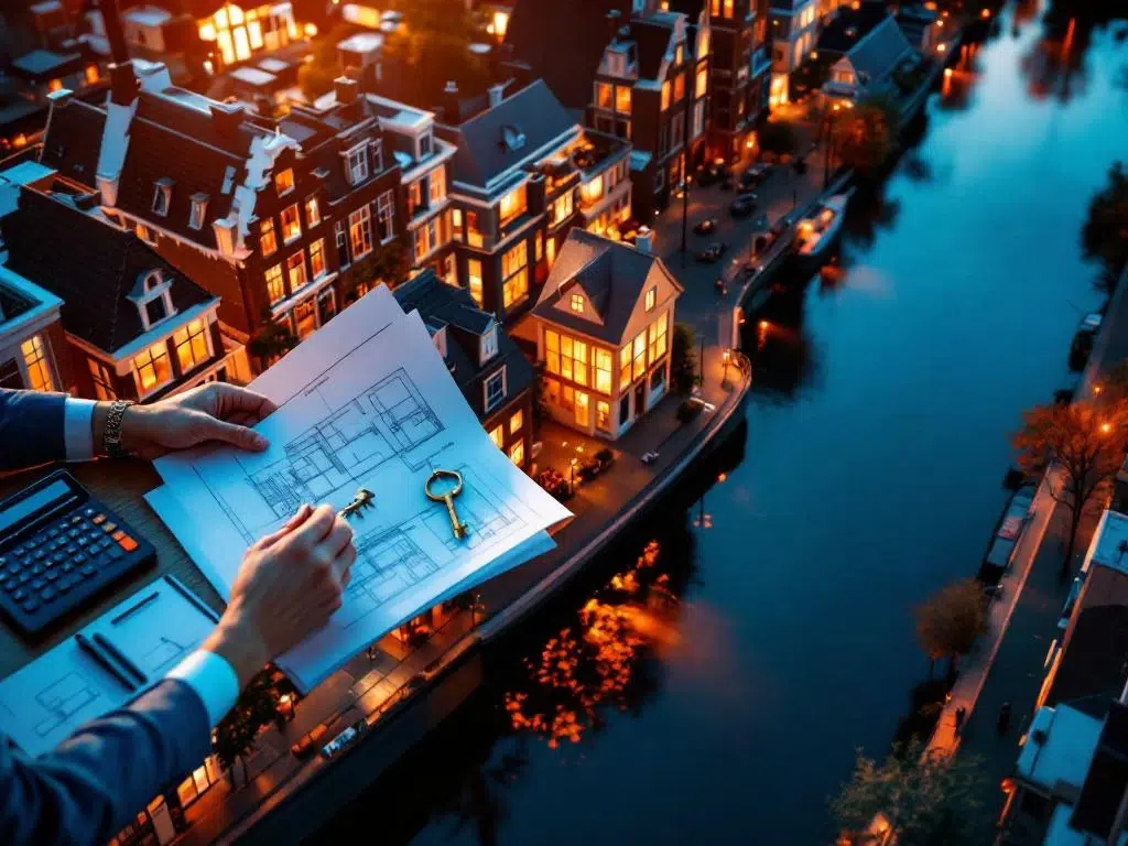 Luchtfoto Amsterdam grachten met kantoorgebouw, handen houden blauwdrukken en huissleutel op bureau met hypotheekdocumenten