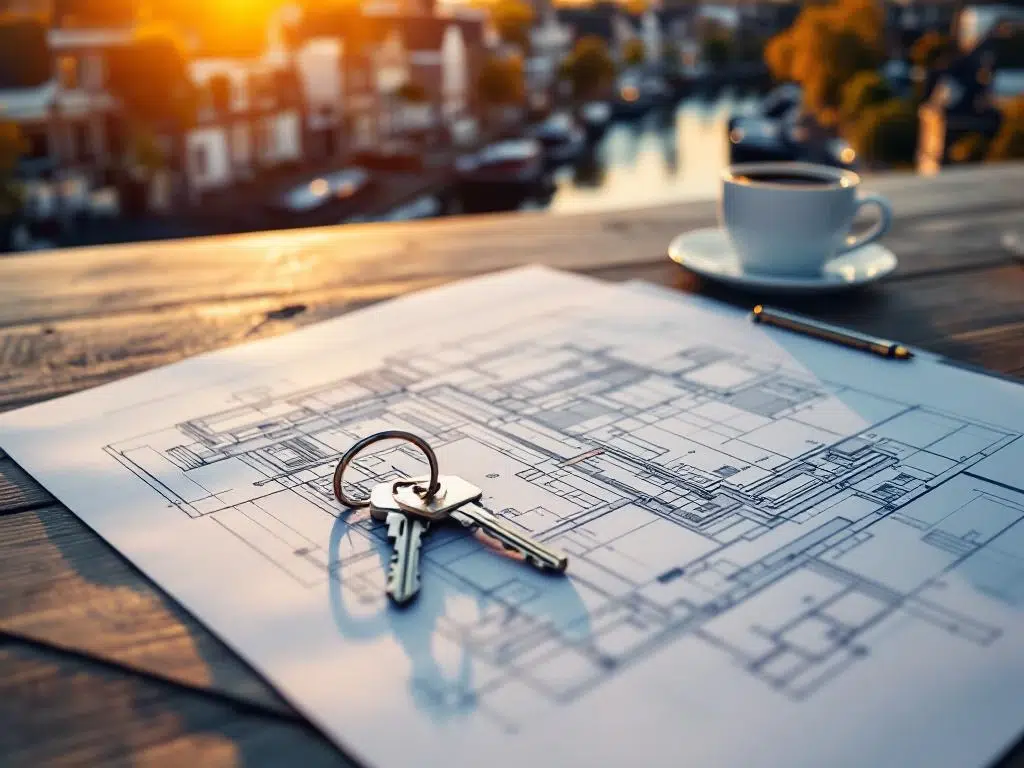 Luchtfoto van Amsterdamse grachten met huizen, sleutels op blauwdrukken en vastgoeddocumenten op bureau