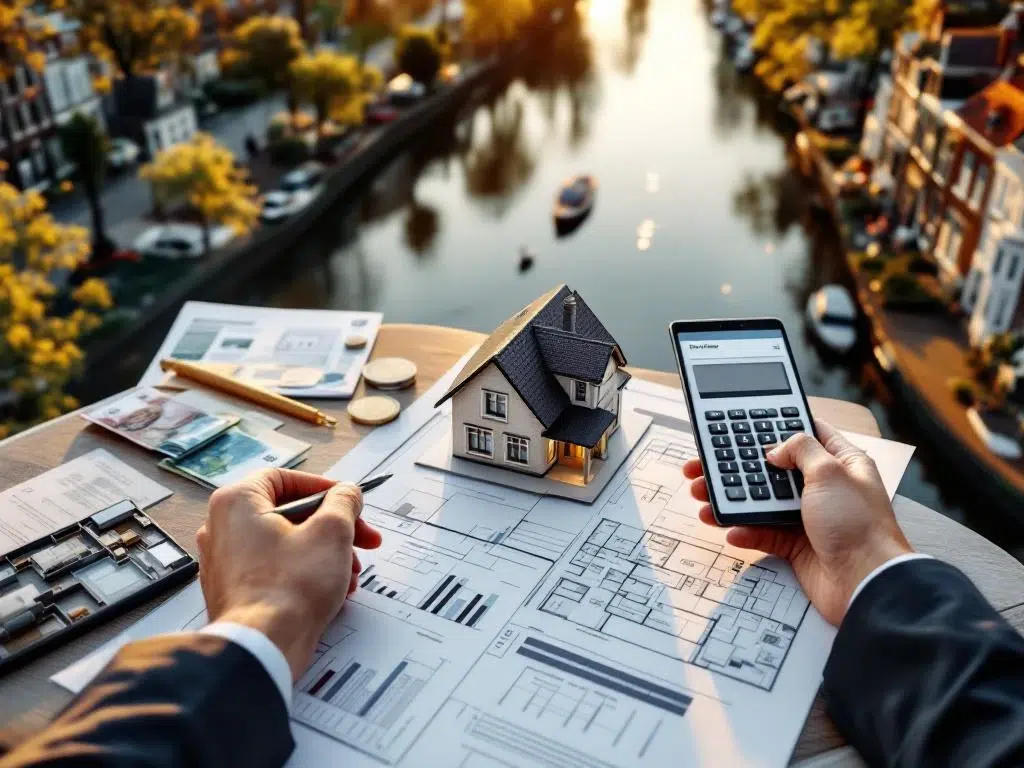 Handen in pak houden architectuurmodel boven vastgoeddocumenten met Amsterdam grachten op achtergrond