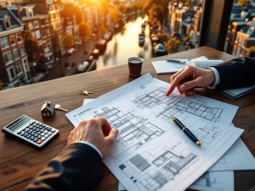 Zakenman bekijkt bouwplannen en documenten op bureau met luchtfoto Amsterdam grachten en kantoorgebouwen op achtergrond