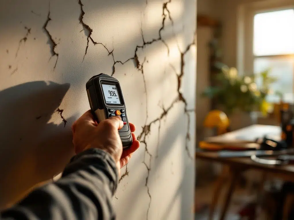 Professionele huisinspecteur gebruikt vochtmeter op gebarsten muur met waterschade en structurele gebreken
