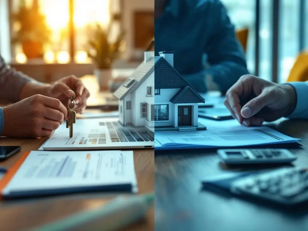 Huizenkopers handen met sleutels en contracten, split-screen van zelfvertrouwen versus aarzeling bij vastgoedbeslissing