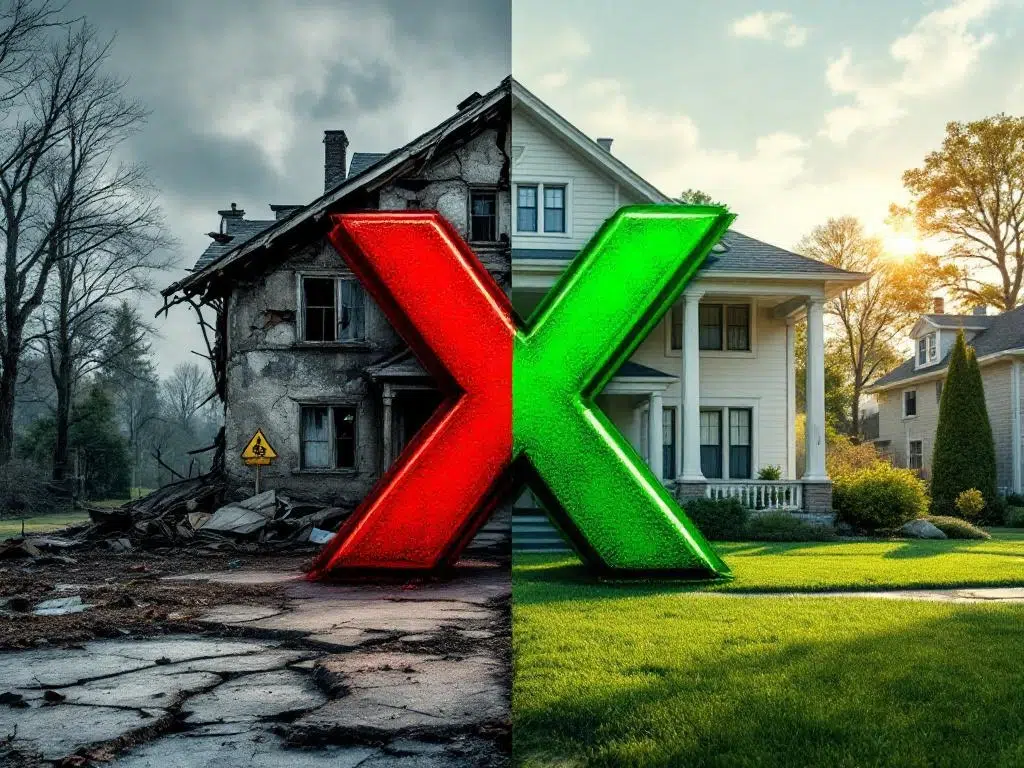 Vergelijking van twee huizen: vervallen woning met rode X versus goed onderhouden huis met groene vinkje