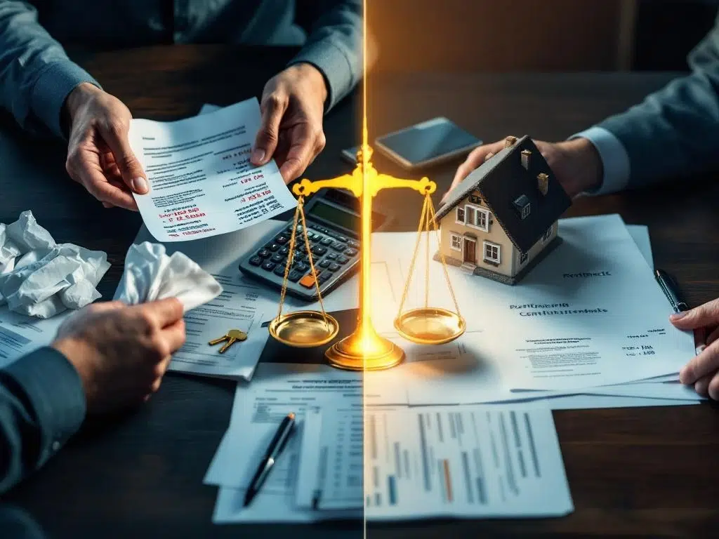 Split-screen vergelijking huizenjacht: links gestresste handen met afwijzingsbrieven, rechts succesvolle handdruk met contracten en sleutels