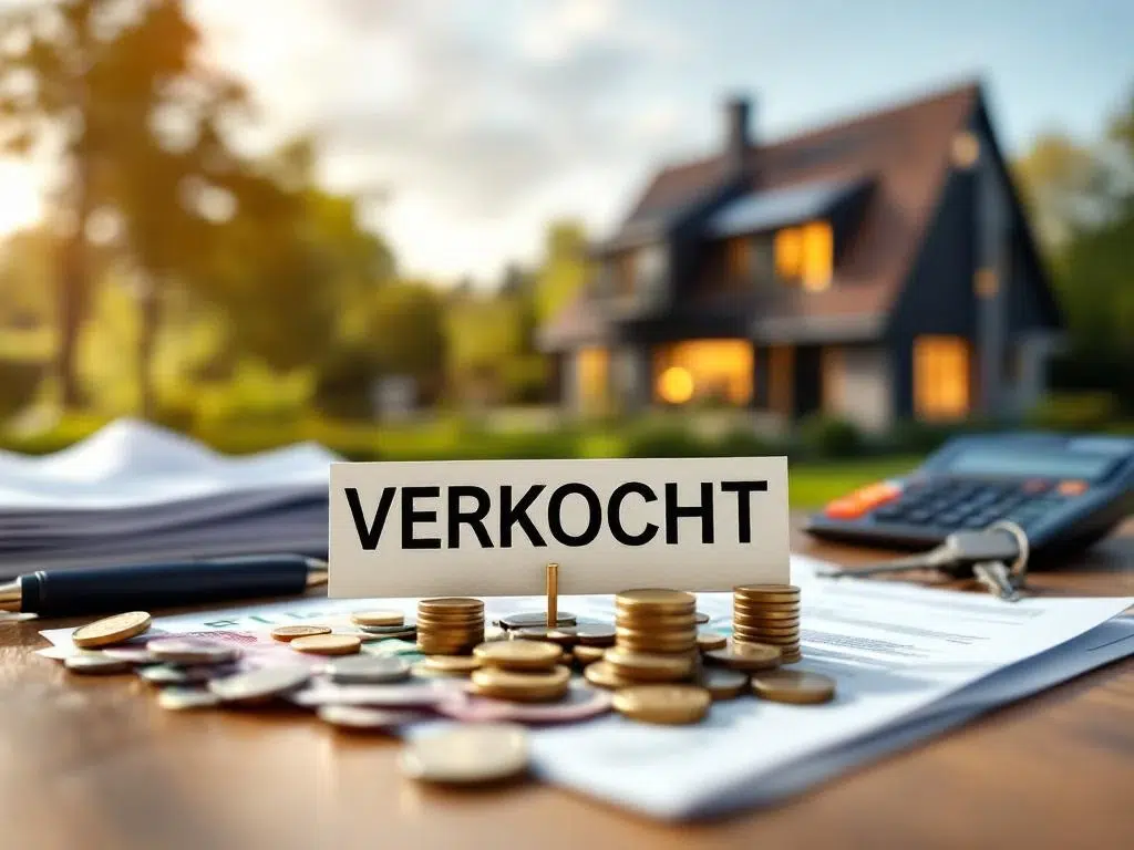 Euro bankbiljetten en munten op tafel met huissleutels en documenten, Nederlandse woning met VERKOCHT bord op achtergrond