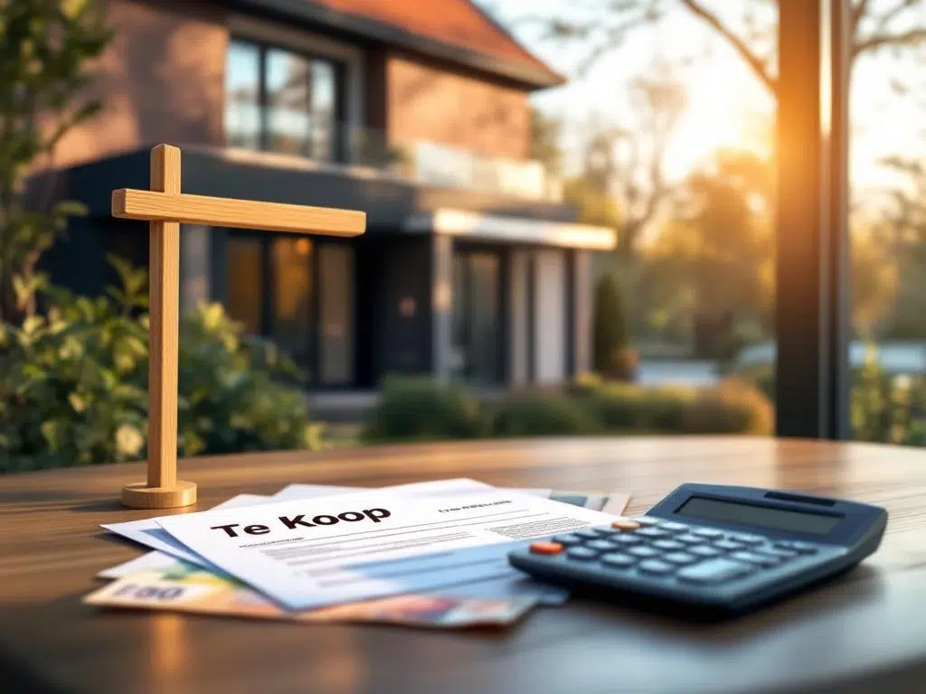 Nederlands huis met Te Koop bord, rekenmachine en belastingdocumenten met eurobiljetten op houten tafel