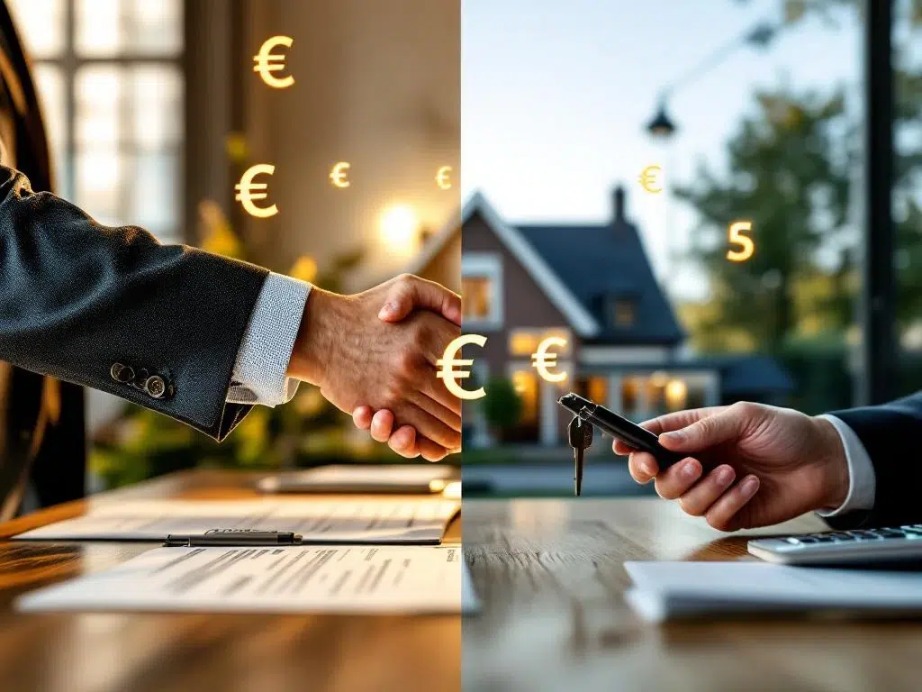 Splitscreen vergelijking traditionele makelaar versus directe huisverkoop met Nederlandse woning en euro symbolen