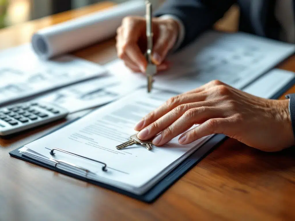Handen houden huissleutels boven stapel contracten en documenten op houten bureau voor vastgoedconsultatie