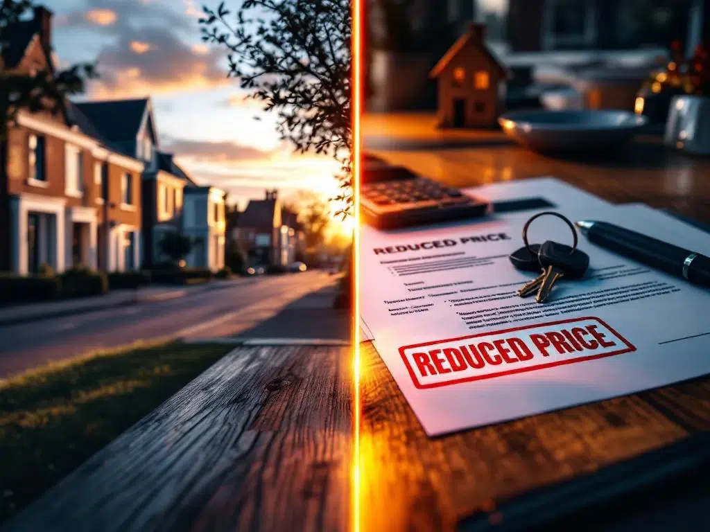 Nederlandse huizen naast bureau met huissleutels, calculator en documenten met "REDUCED PRICE" stempel tijdens onderhandeling