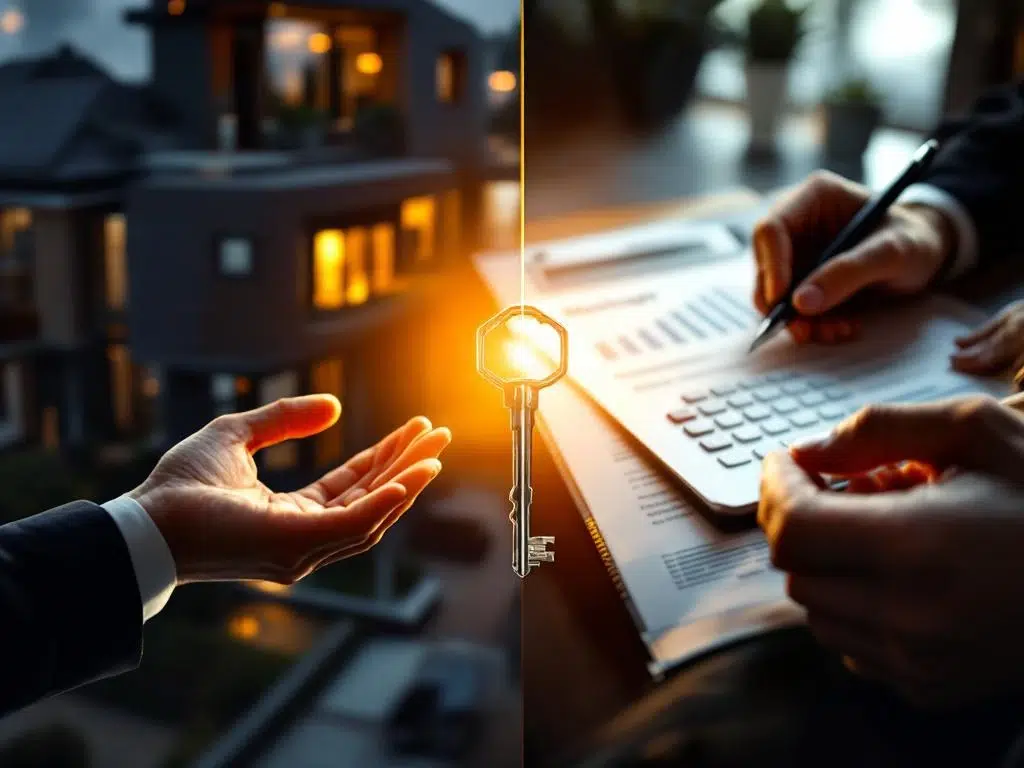Nederlandse woning en hypotheekdocumenten met calculator, verbonden door professionele handen en sleutel op voorgrond