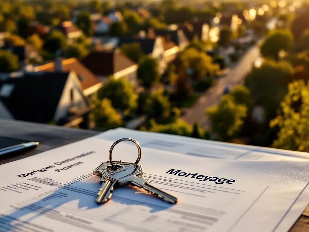 Huissleutels op hypotheekdocumenten met luchtfoto van Amstelveen woonwijken met moderne Nederlandse huizen op achtergrond