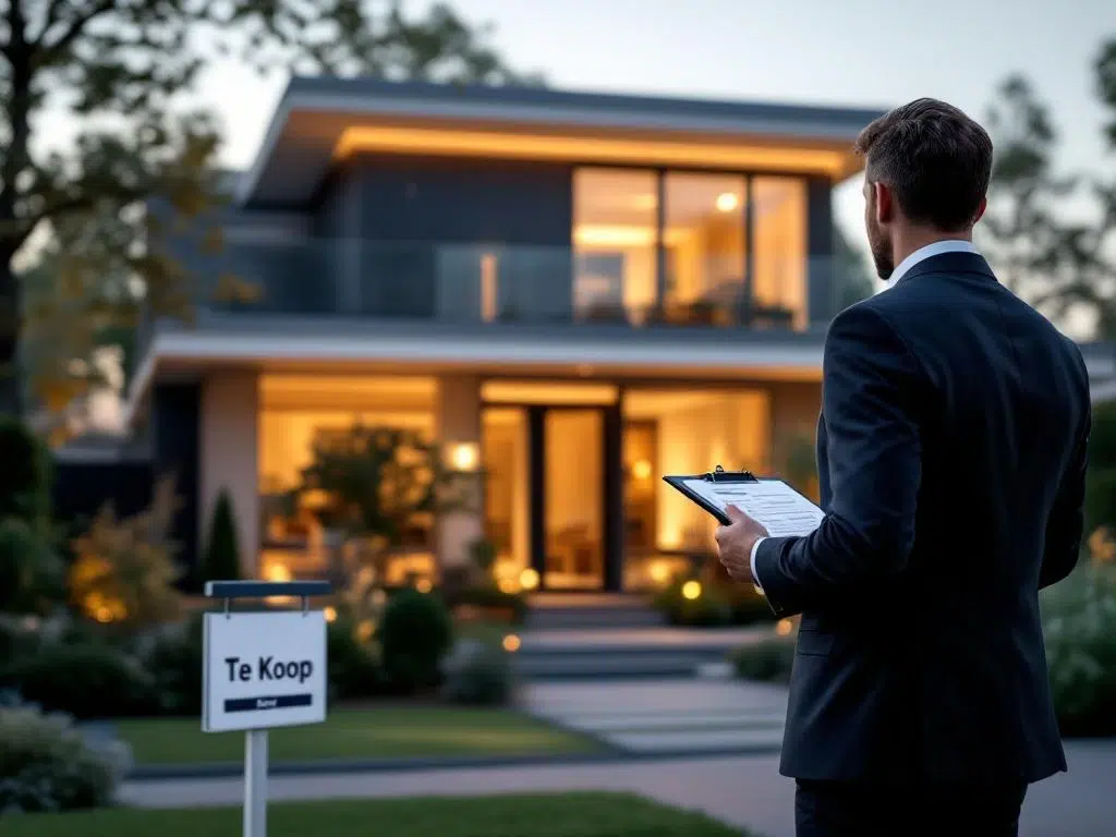 Makelaar in pak benadert moderne Nederlandse woning met klembord, Te Koop bord zichtbaar op voorgrond