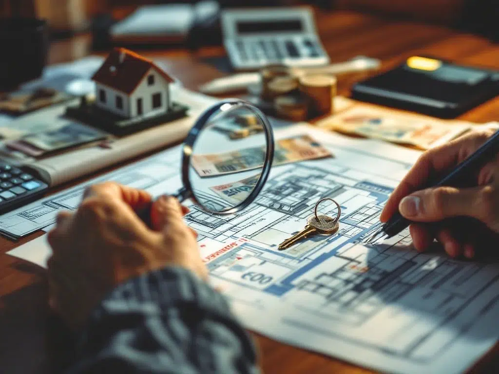 Handen met vergrootglas over bouwplannen, huissleutels en eurorekeningen op bureau met huismodel voor vastgoedadvies