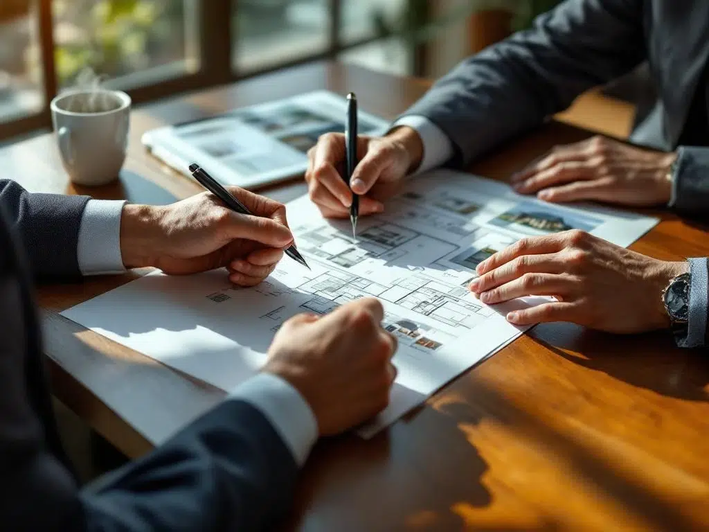 Twee professionele handen tijdens vastgoedconsultatie met documenten, plattegronden en tablet op houten tafel