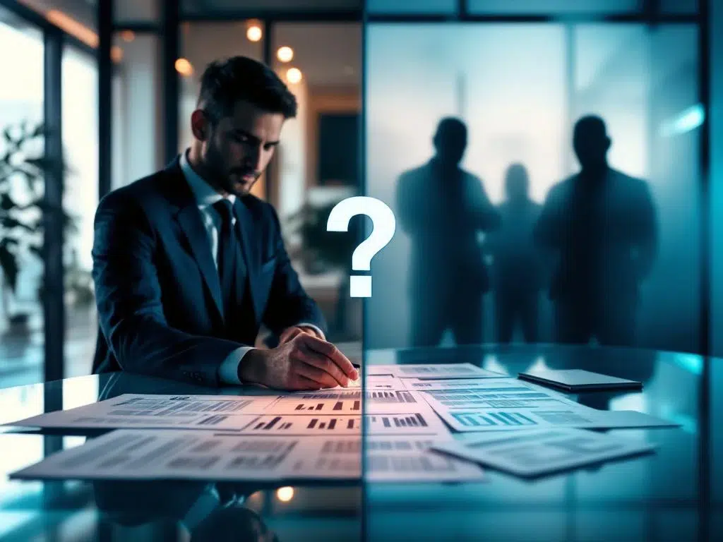 Makelaar bekijkt biedingsdocumenten op bureau terwijl anonieme kopers achter matglas staan, symboliseert transparantie-uitdaging