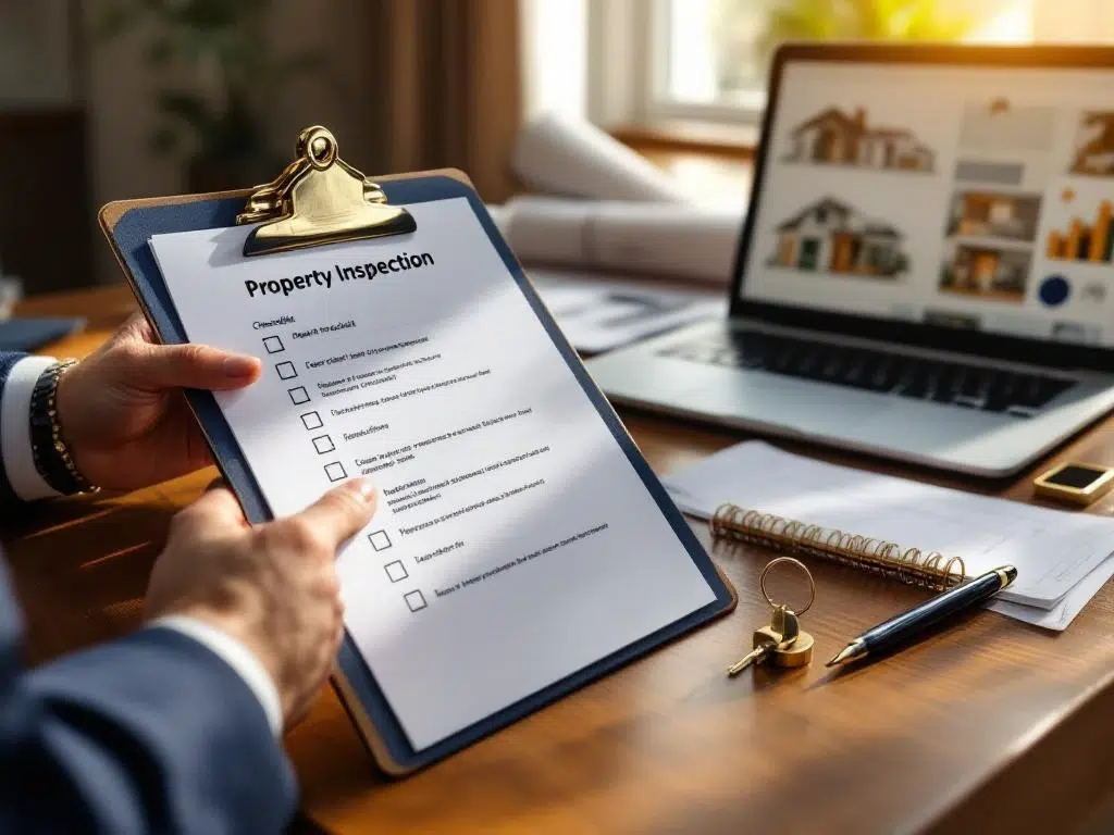 Professionele handen houden vastgoed inspectiechecklist vast op klembord met huissleutel en pen op houten bureau