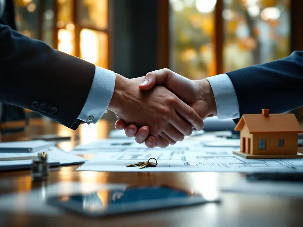Twee professionals schudden handen boven houten vergadertafel met documenten, huissleutels en architecturale blauwdrukken