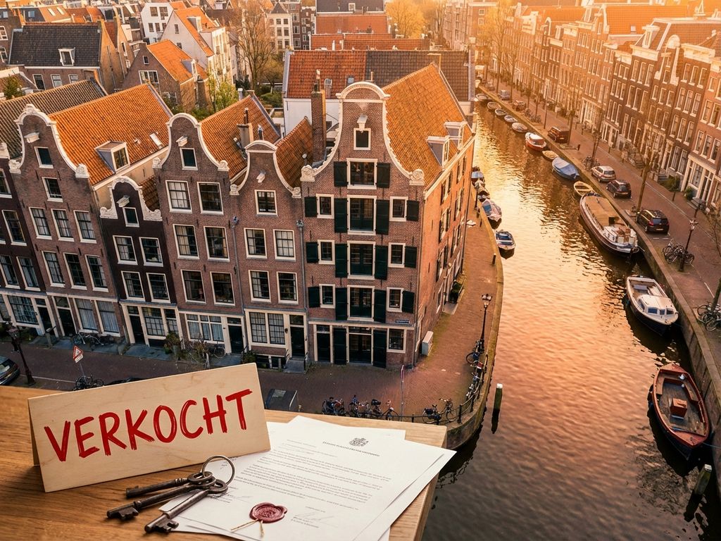 Luchtfoto van Amsterdamse grachtenpanden met VERKOCHT-bord, traditionele gevels en rode daken bij gouden uur licht
