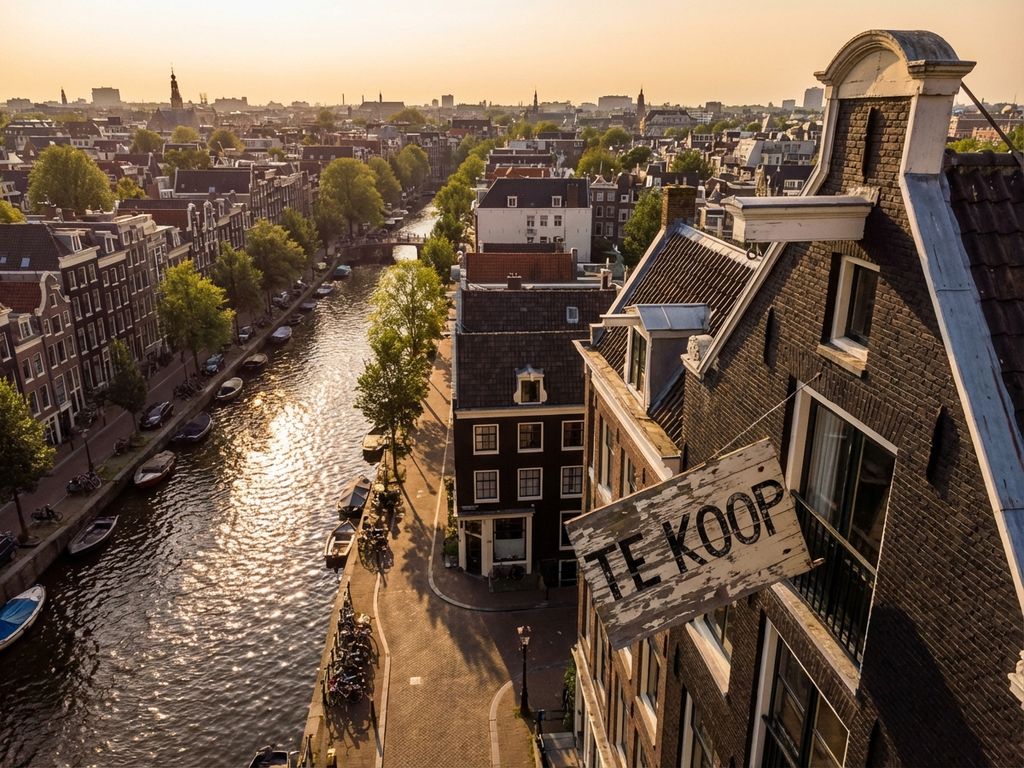 Luchtfoto van Amsterdam grachten met traditionele huizen en vervallen 'Te Koop' bord op kanaalhuis tijdens gouden uur