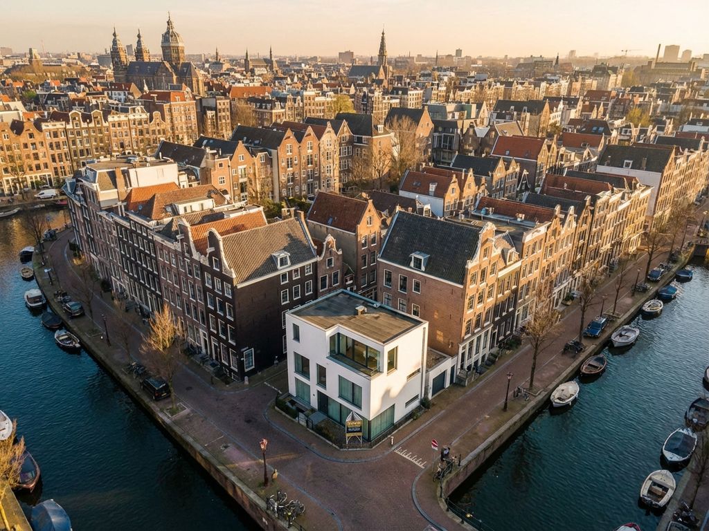 Wit modern huis te koop aan Amsterdamse gracht met traditionele grachtenpanden en kenmerkende gevels in luchtfoto