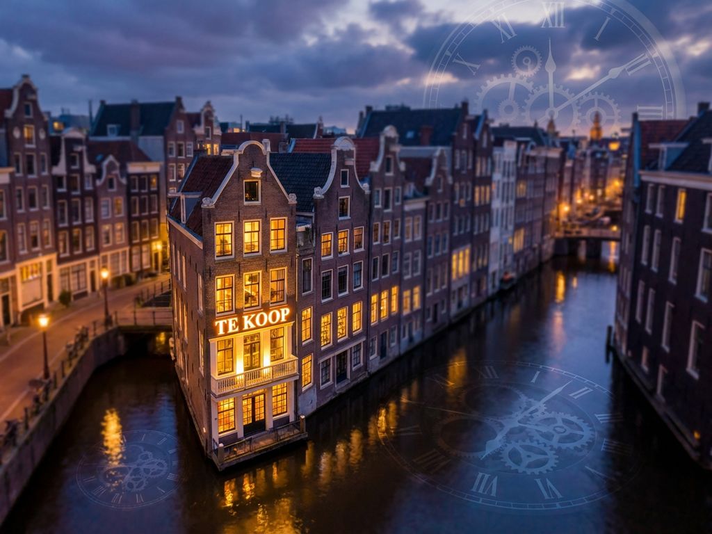 Luchtfoto Amsterdam grachtenring met traditionele huizen en verlicht pand met Te Koop bord tijdens blauwe uur