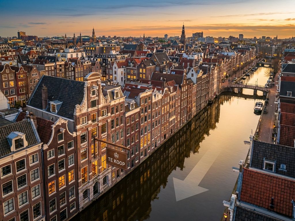 Luchtfoto van Amsterdamse grachten met traditionele huizen en te koop staand grachtenpand tijdens gouden uurtje