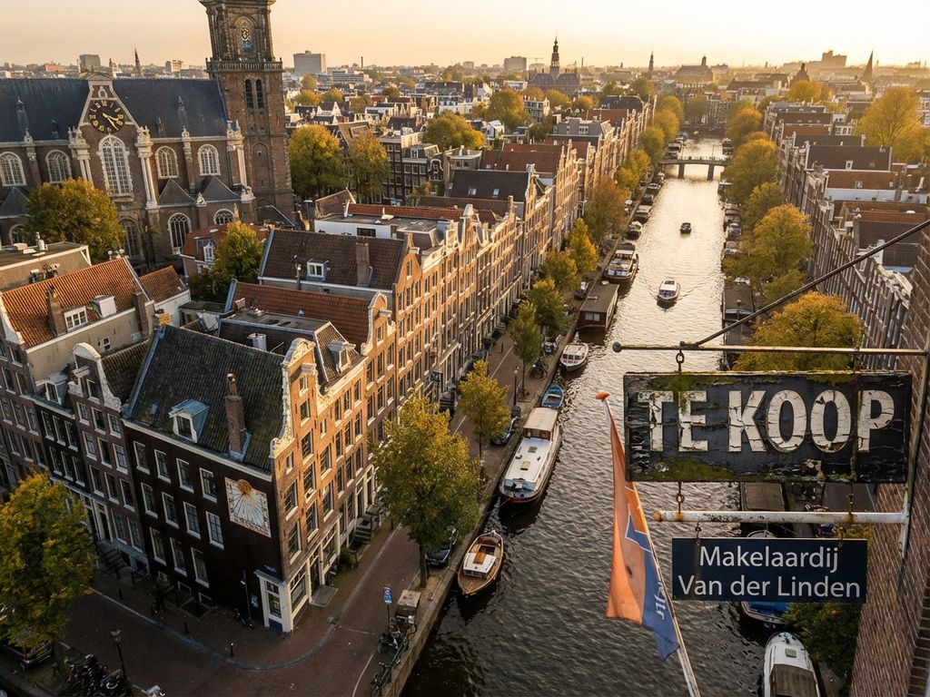 Luchtfoto van Amsterdam grachten met Te Koop bord op historisch grachtenpand tijdens gouden uur, klok details tonen tijd