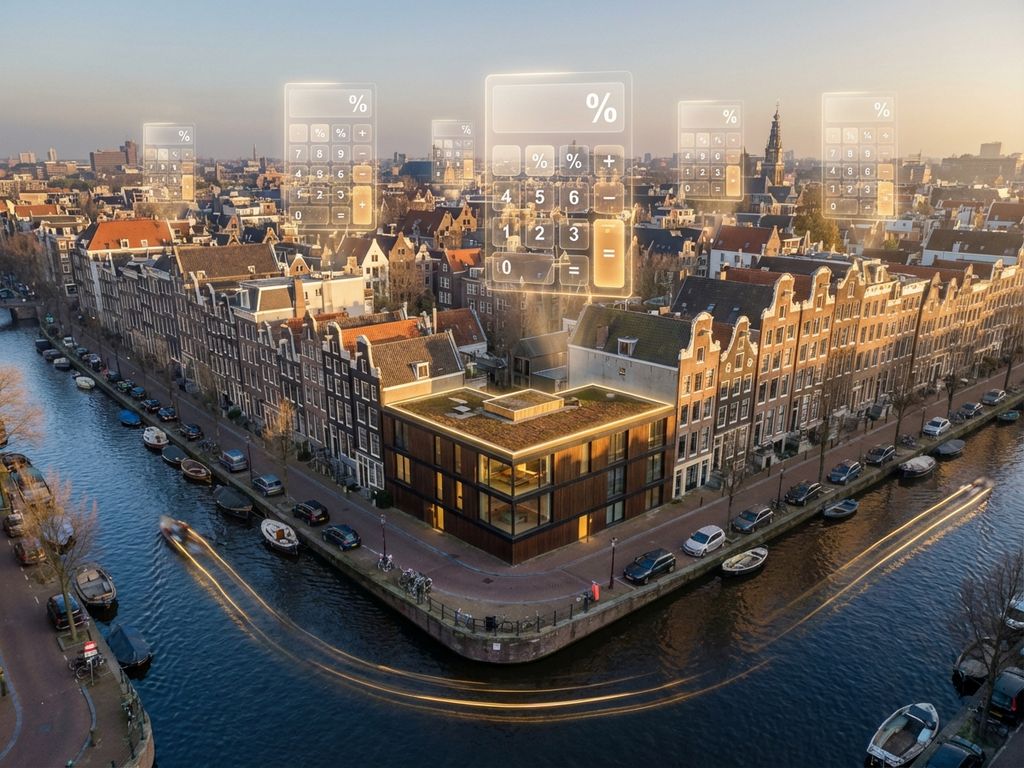 Luchtfoto van Amsterdamse grachten met moderne woning en calculator symbolen voor hypotheekberekening