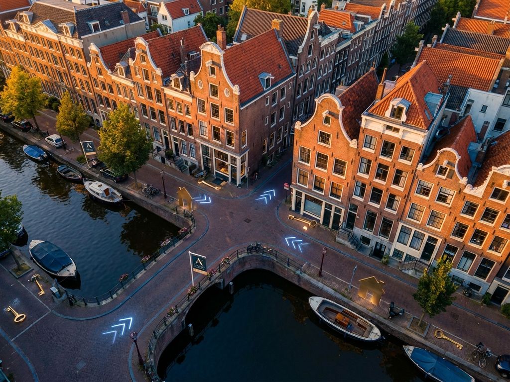 Luchtfoto van Amsterdamse grachten met traditionele huizen en te koop borden tijdens gouden uur