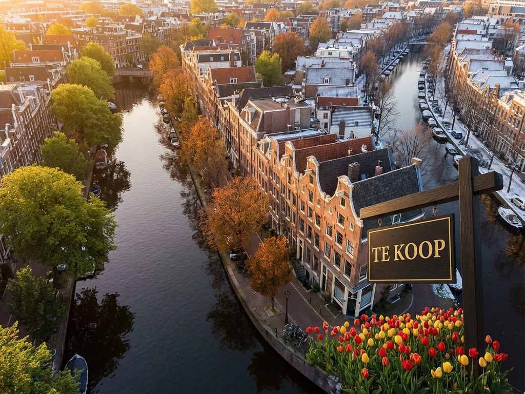 Amsterdam grachtenring met traditionele huizen en te koop bord tijdens gouden uur, seizoensovergangen zichtbaar