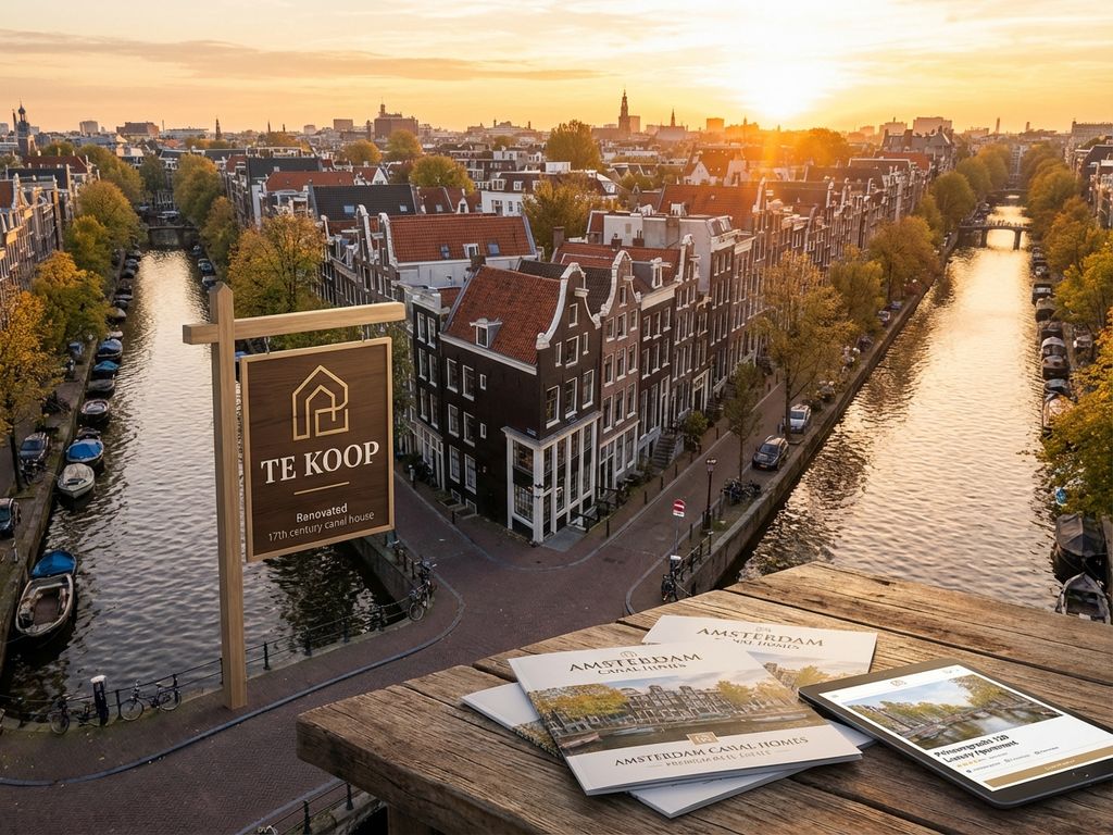 Luchtfoto van Amsterdam grachtengordel met te koop staand herenhuis, makelaarsmaterialen en tablet met woningaanbod