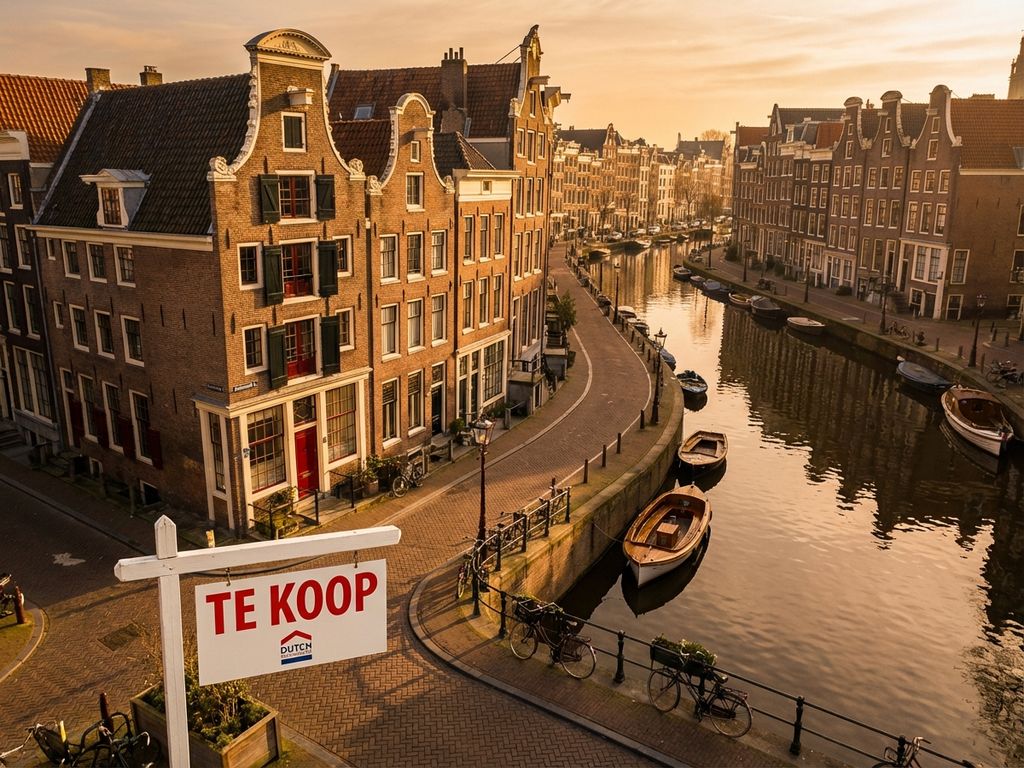 Luchtfoto van Amsterdamse grachtengordel met 'Te Koop' bord bij karakteristiek grachtenpand tijdens gouden uur