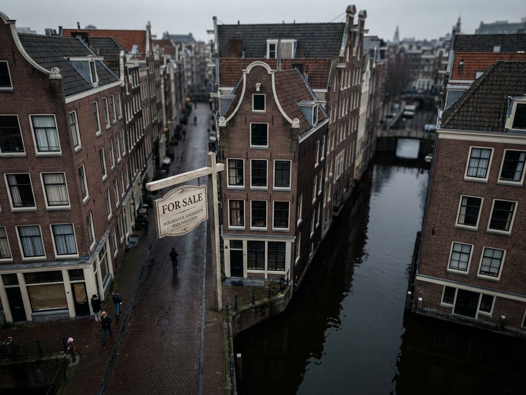 Luchtfoto van Amsterdamse grachten met te koop bord bij historisch grachtenpand, rustige straten en dramatische belichting