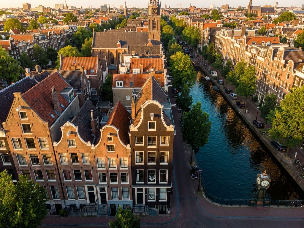 Luchtfoto van Amsterdamse grachtenring met traditionele grachtenpanden en 'Te Koop' bord tijdens gouden uur
