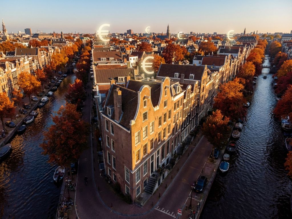 Luchtfoto van Amsterdam's grachtengordel met traditionele huizen en euro symbolen boven daken, vastgoedmarkt concept