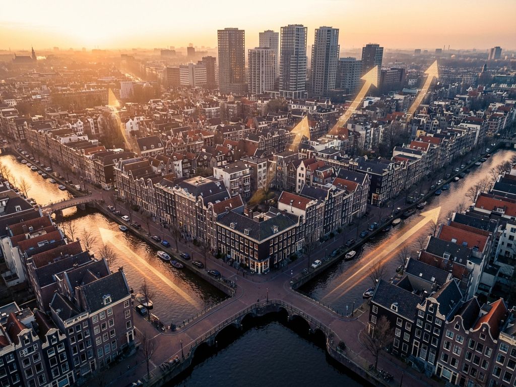 Luchtfoto van Amsterdamse grachtengordel met traditionele gevelhuizen en moderne appartementen op de achtergrond