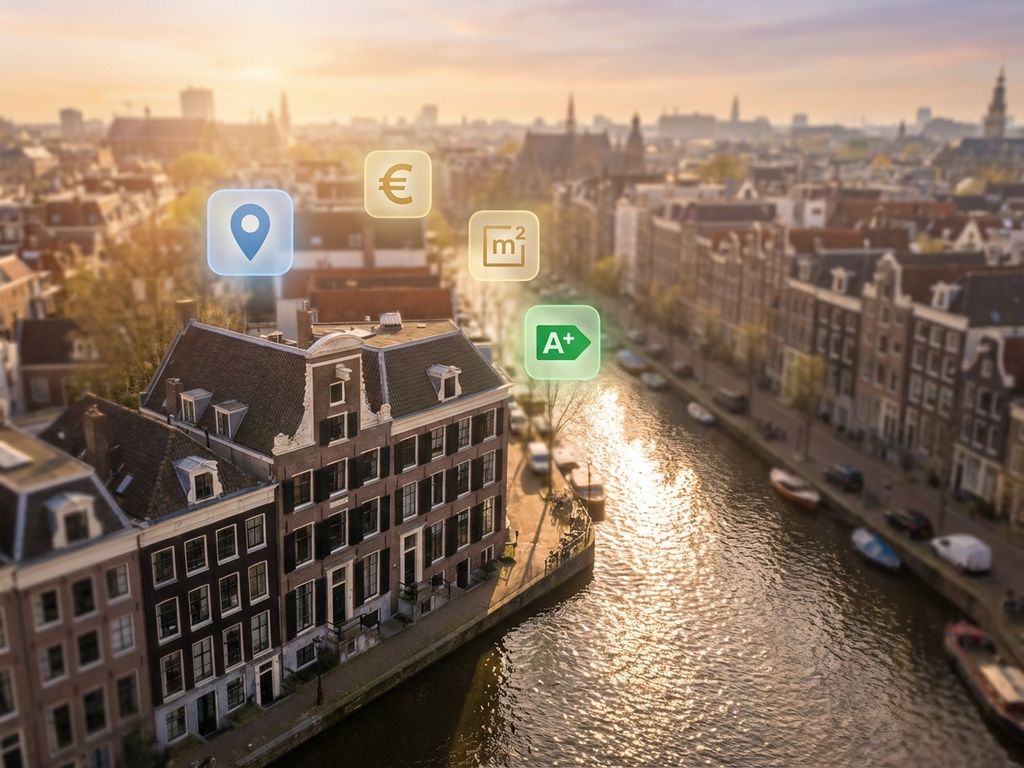 Luchtfoto van Amsterdamse grachtengordel met traditionele herenhuizen en zwevende vastgoedprijsiconen bij gouden uurtje