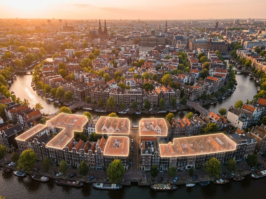 Luchtfoto van Amsterdams grachtengordel met historische grachtenpanden tijdens gouden uur, populaire woonwijken gemarkeerd