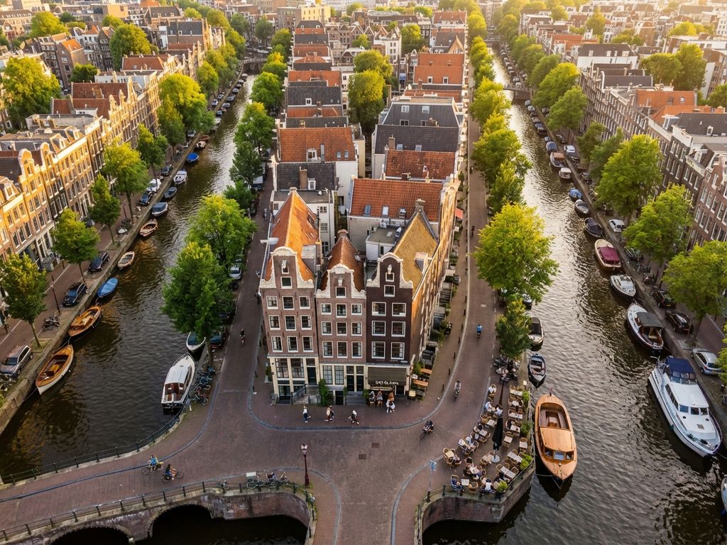 Luchtfoto van Amsterdamse grachtengordel met traditionele grachtenpanden, gouden zonlicht en groene bomen