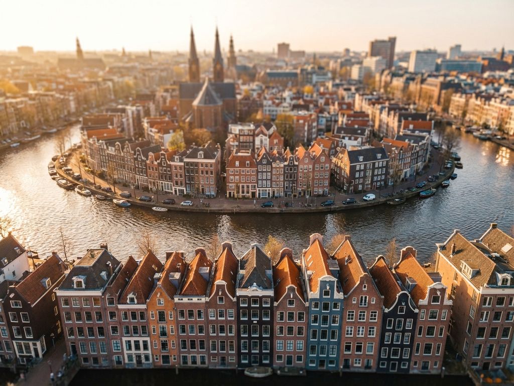 Luchtfoto van Amsterdam grachtengordel met traditionele huizen en karakteristieke gevels tijdens gouden uur