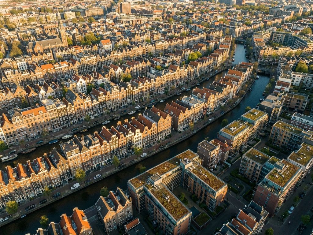 Luchtfoto van Amsterdamse grachtengordel met traditionele herenhuizen en moderne wijken tijdens gouden uur