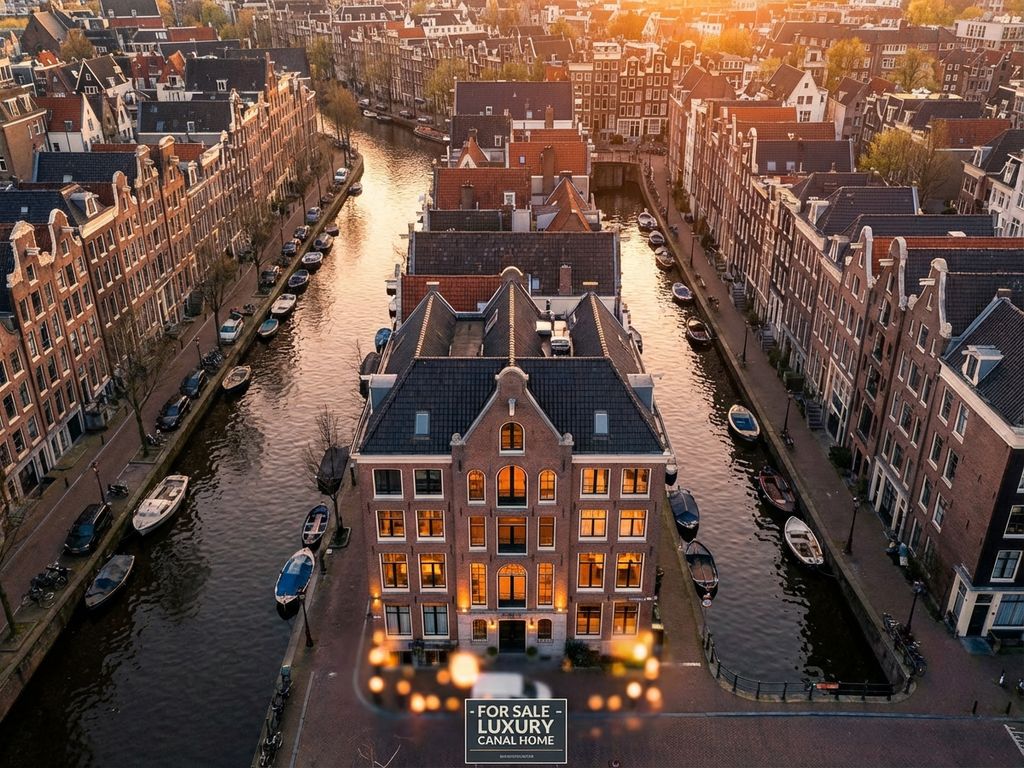 Luchtfoto van Amsterdam grachtengordel met traditionele herenhuizen en verlicht canalhouse tijdens gouden uur