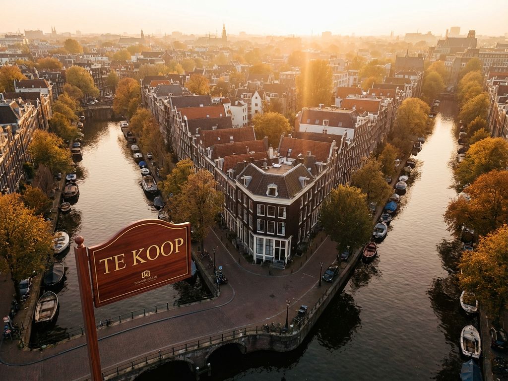 Luchtfoto van Amsterdamse grachten met Te Koop bord bij historisch grachtenpand tijdens gouden uur
