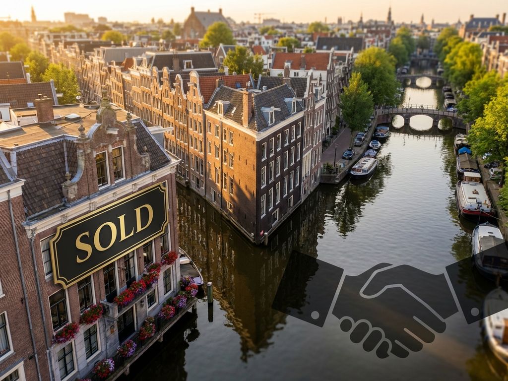 Luchtfoto van Amsterdamse grachten met 'VERKOCHT' bord op historisch grachtenpand tijdens gouden uur