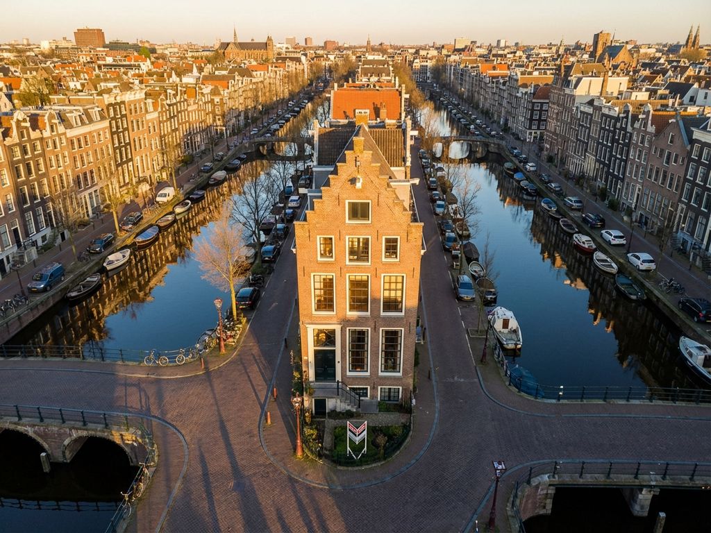Luchtfoto van Amsterdamse grachtengordel met traditionele huizen en VERKOCHT-bord bij historisch pand tijdens gouden uur