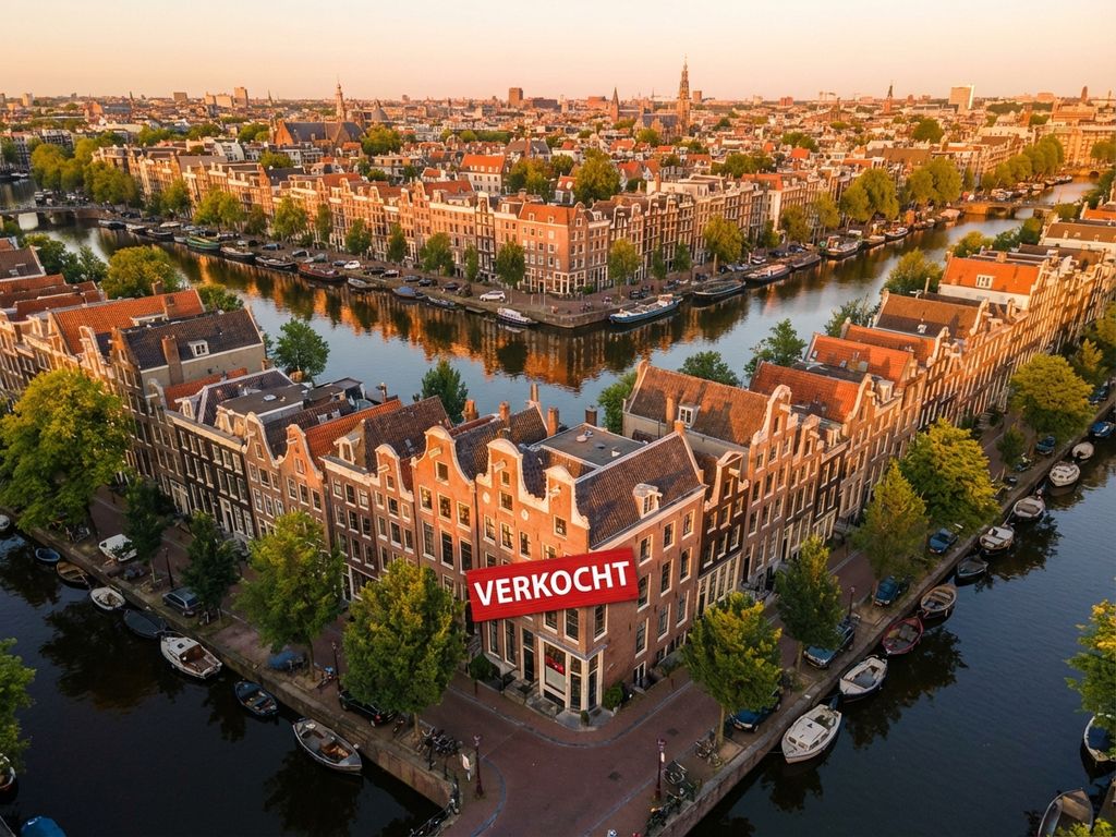 Luchtfoto van Amsterdamse grachten met VERKOCHT-bord op herenhuis tijdens gouden uur, traditionele architectuur